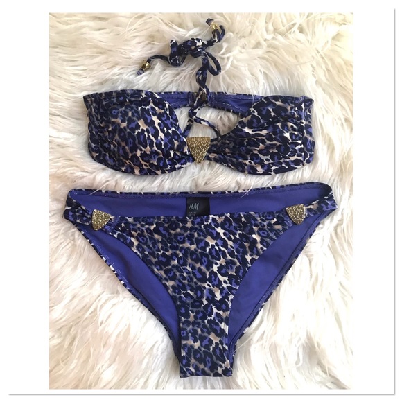 H&M Blue Leopard Print Gold Hardware Bikini Set - Picture 1 of 10